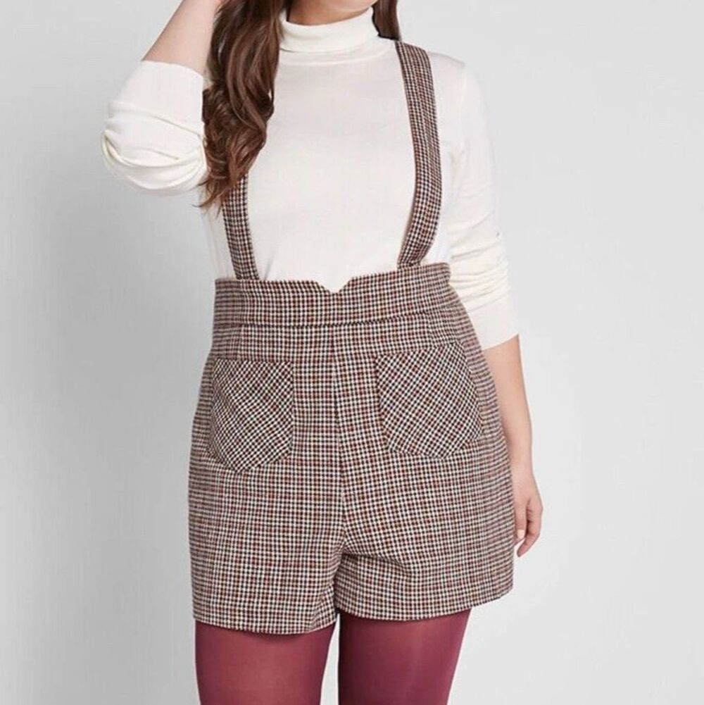 ModCloth Women’s Pinafore Shorts Suspenders Houndstooth Academia Prep 70s Sz 0